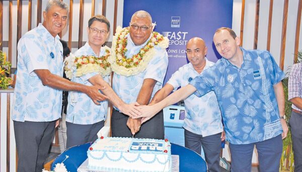 Bred Bank (Fiji) board director Parmesh Chand (left), chief executive officer Thierry Charras-Gillot, President Ratu Wiliame Katonivere, head of business development Rajesh Kumar and head of operations PierreAntoine Vallet cut a cake to commemorate the opening of Bred Bank (Fiji) branch in Lautoka. Picture: REINAL CHAND