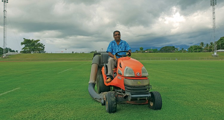 Shri Charan preparing the rugby turf at the Churchill Park in Lautoka. Photo: Nicolette Chambers