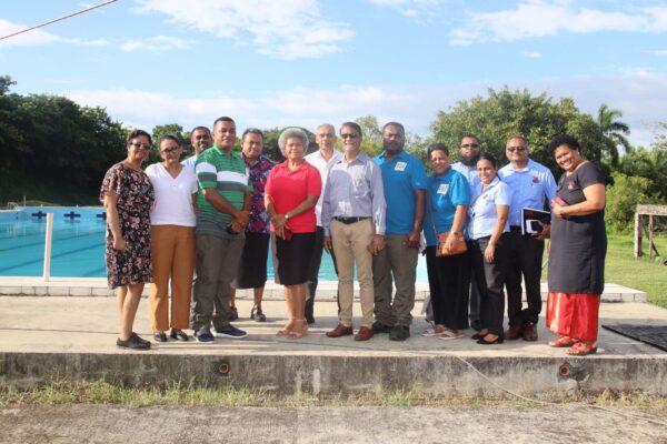 Minister for Housing and Local Government, Maciu Katamotu Nalumisa and Assistant Minister Lenora Qereqeretabua at the Lautoka Swimming Pool project site with LCC officials.